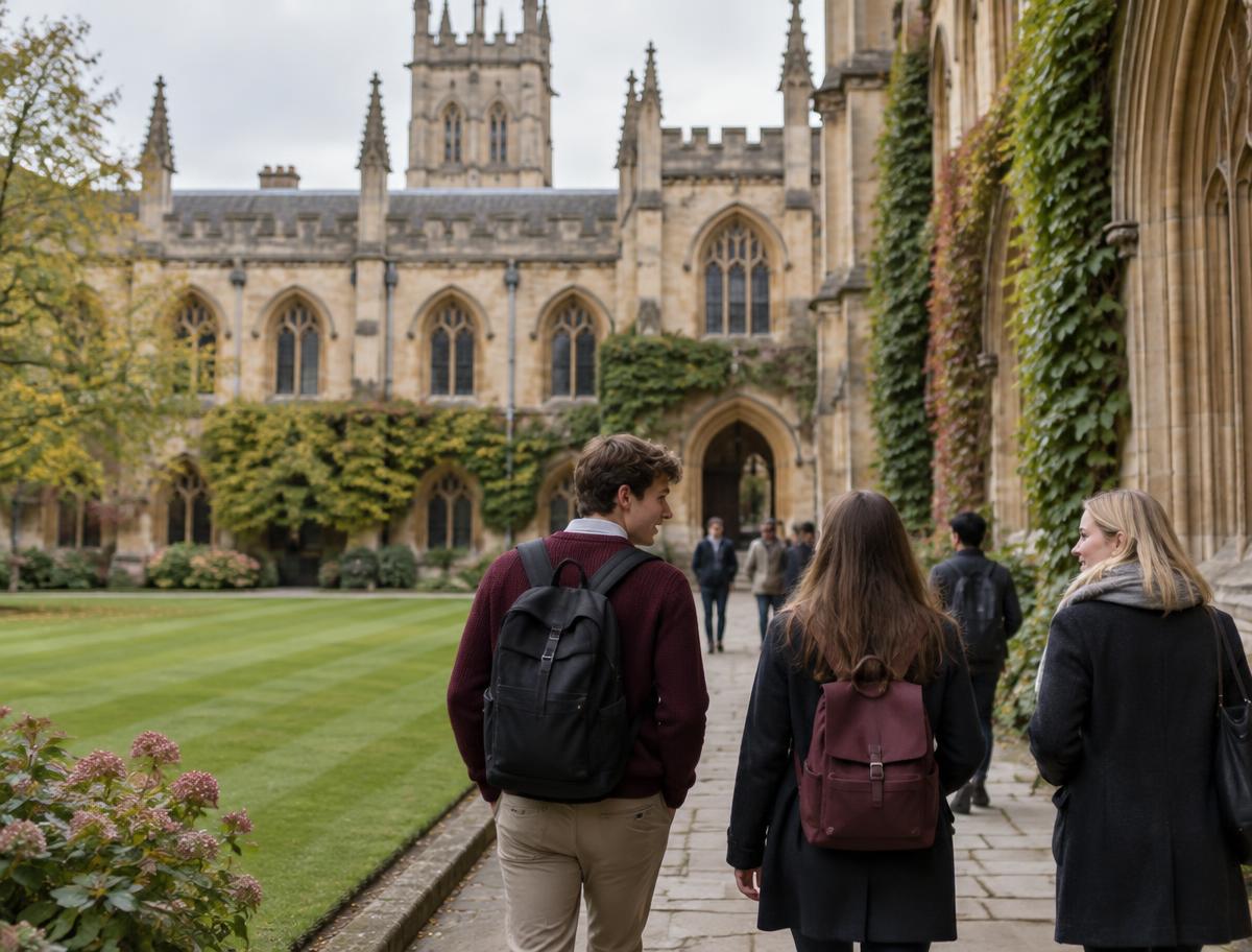 Students walking through a historic UK university quadrangle